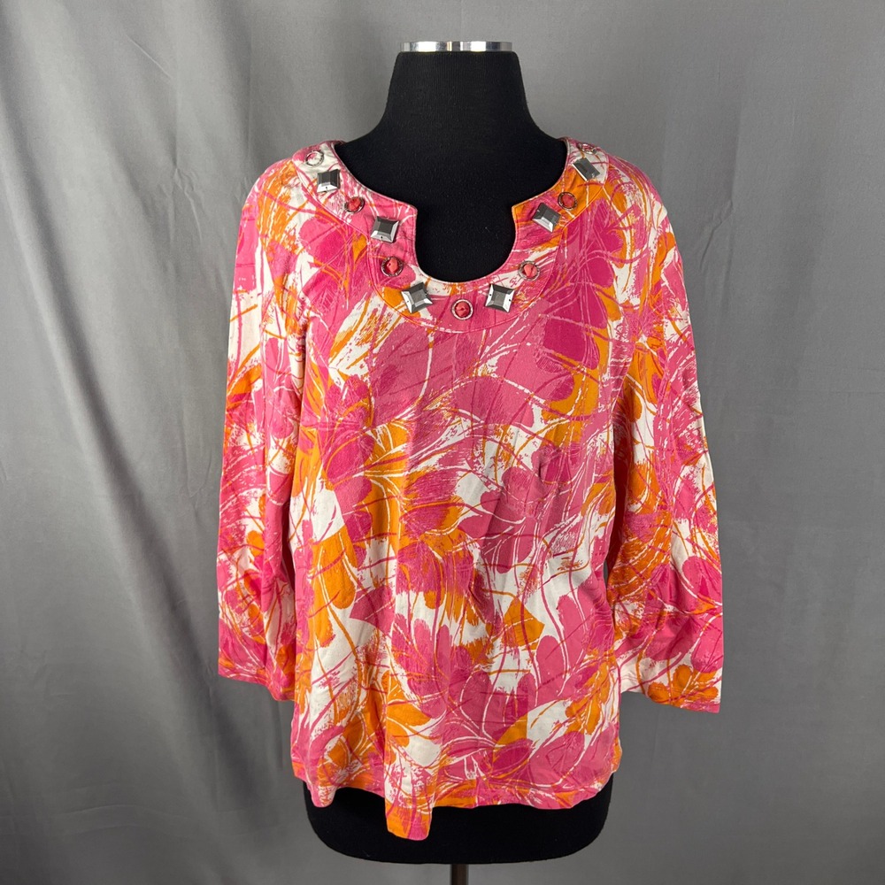 Hearts Of Palm Blouse Top Womens Multicolor Floral Embellished Neck 3/4 Sleeve